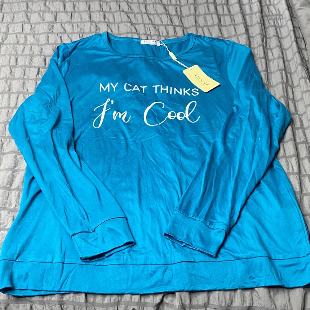 Graphic Long Sleeve Tee "My Cat Thinks I'm Cool" - Bright Teal